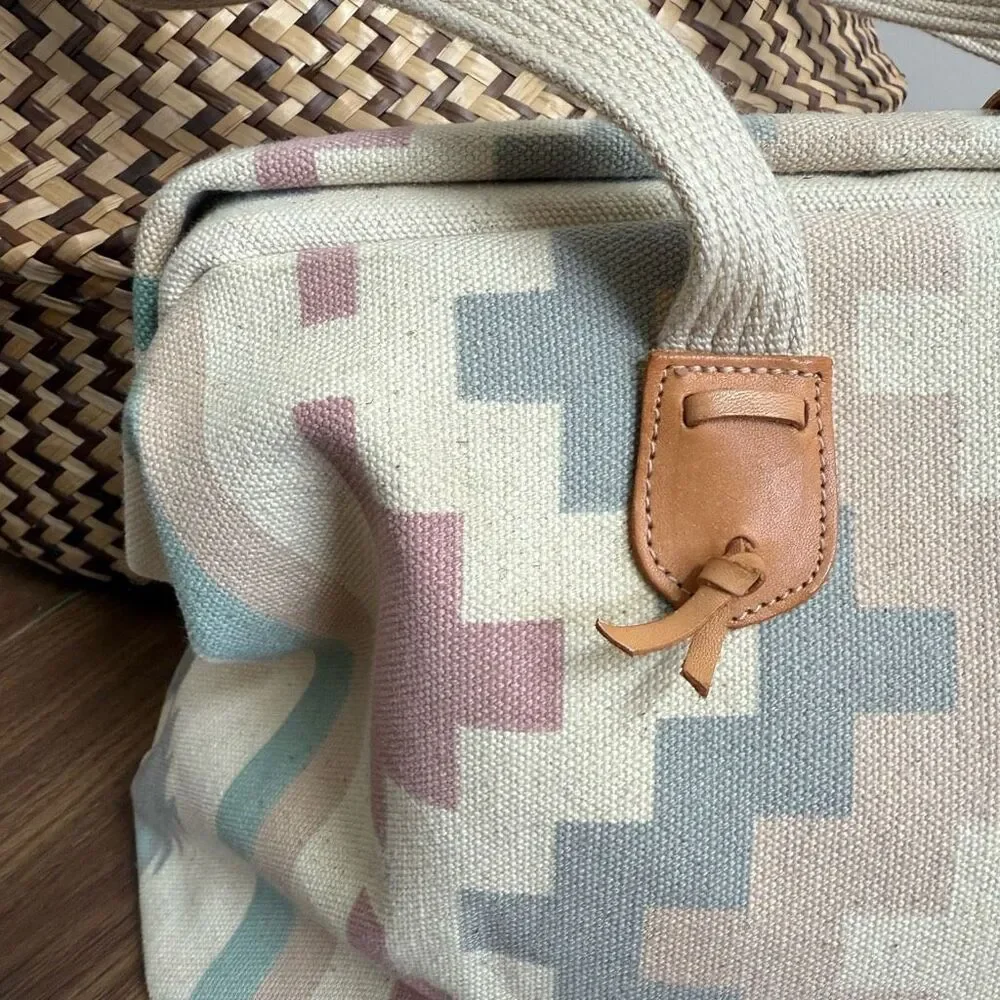 Vintage 90s Southwestern Pattern Canvas Satchel Clamshell Small Tote Mauve Teal